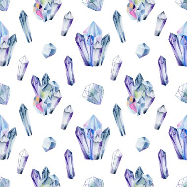 Çivit mavisi ve koyu mavi tonlarda suluboya taş ve kristallerin kusursuz deseni, beyaz arka planda elle boyanmış resimler.