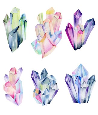 Collection of watercolor gem clusters, crystals, hand painted isolated illustration on a white background clipart