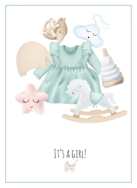 Baby Shower Card Template Σχεδιασμός Για Κορίτσια Διάταξη Ξύλινων Παιχνιδιών — Φωτογραφία Αρχείου