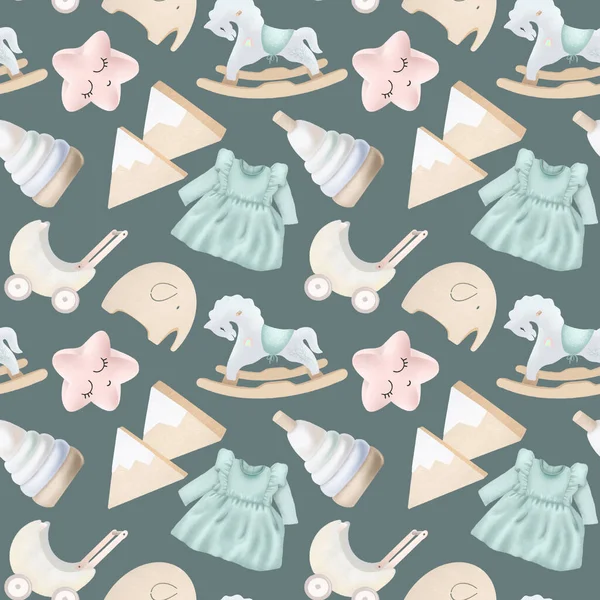 Seamless Pattern Wooden Toys Objects Girls Wooden Pyramids Rocking Horse — 图库照片