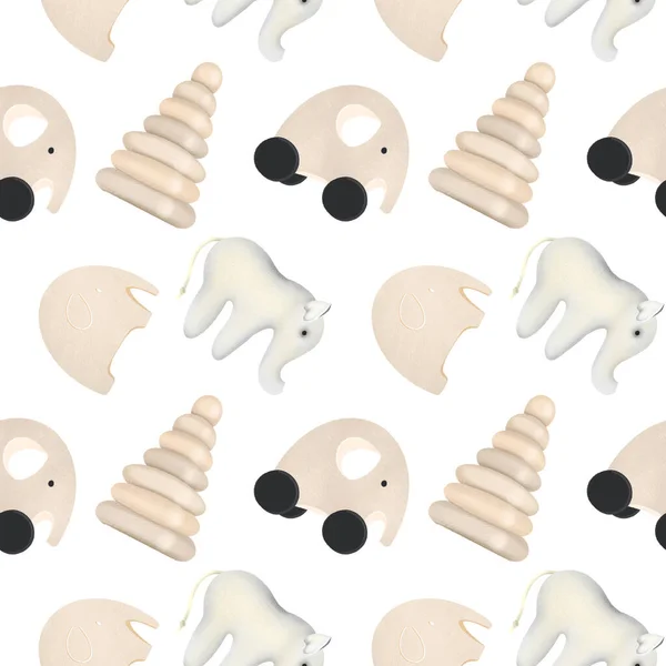 Nahtloses Muster Mit Holzspielzeug Für Kinder Elefanten Und Pyramiden Aus — Stockfoto