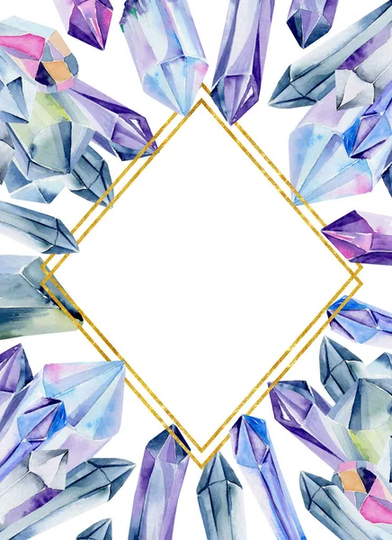 Diamond Frame Watercolor Gemstones Crystals Blue Colors White Background Invitation — Stock Photo, Image