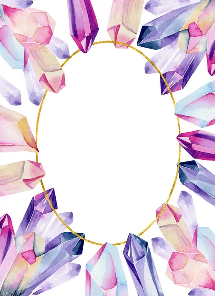 Oval Frame Watercolor Gemstones Crystals Pink Purlpe Colors White Background — Stock Photo, Image