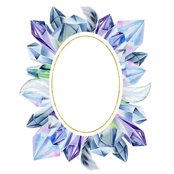 Oval Ram Akvarell Ädelstenar Och Kristaller Indigo Och Mörkblå Nyanser — Stockfoto