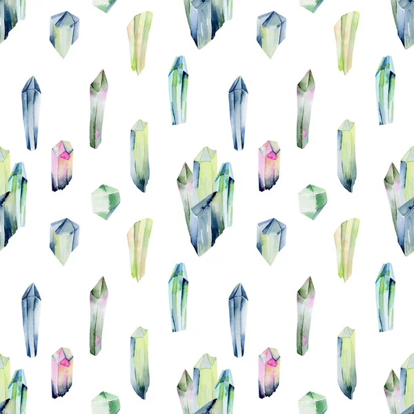 Seamless Pattern Watercolor Gemstones Crystals Green Colors Hand Painted Illustration — Stock Photo, Image