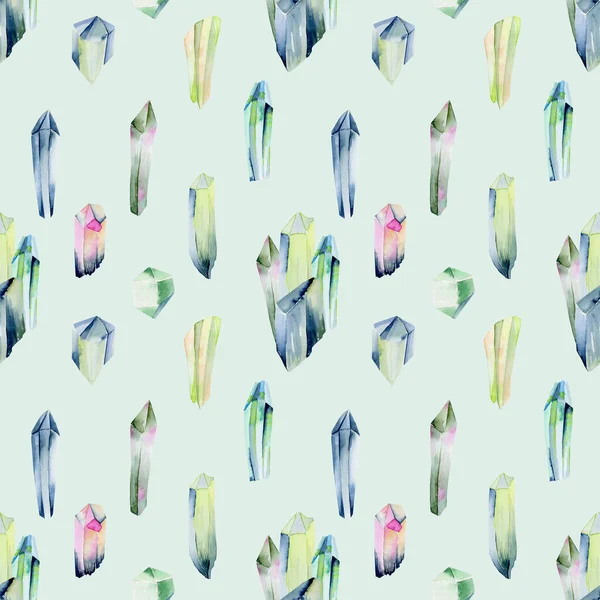 Naadloos Patroon Van Aquareledelstenen Kristallen Groene Kleuren Met Hand Geschilderde — Stockfoto