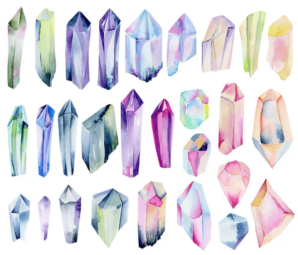 Große Sammlung Von Farbigen Aquarellen Und Regenbogenkristallen Handgemalte Isolierte Illustration — Stockfoto