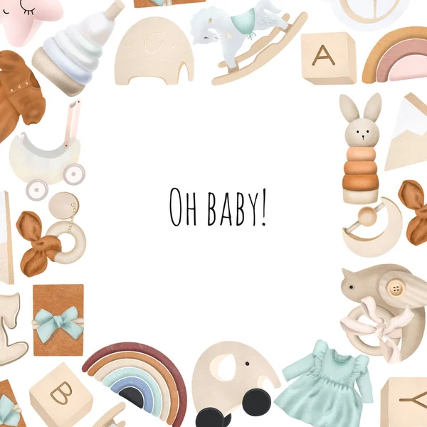 Baby shower card template, design for girls, frame of wooden toys (pyramid, pram, rainbow, elephant, rocking horse), birthday invitation — Stock Image Baby Shower Card Template Design Girls Frame Wooden Toys Pyramid Royalty Free Stock Images