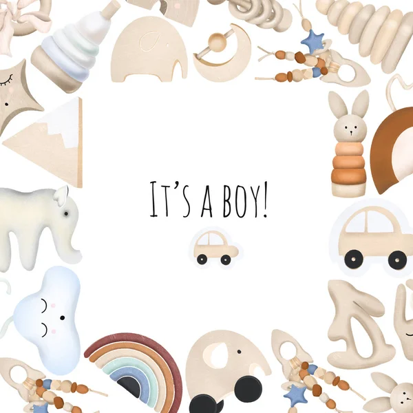 Baby shower card template, design for boys, frame of wooden toys (pyramid, rocket, rainbow, elephant), birthday invitation — Stock Image Baby Shower Card Template Design Boys Frame Wooden Toys Pyramid Stock Photo
