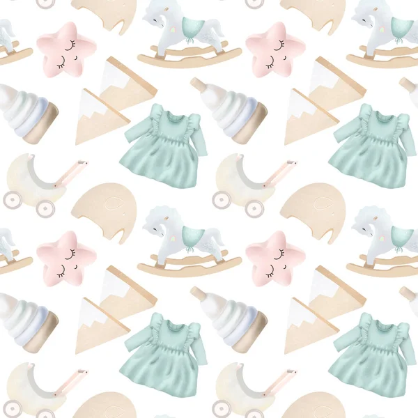 Seamless pattern with wooden toys and objects for girls (wooden pyramids, rocking horse, dress and toy pram), hand drawn illustration on white background, design for nursery, digital paper, fabric — Stock Image Seamless Pattern Wooden Toys Objects Girls Wooden Pyramids Rocking Horse Royalty Free Stock Photos
