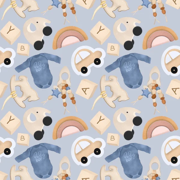 Seamless pattern with wooden toys and objects for boys (wooden car, horse, rocket, and cubes), hand drawn illustration on blue background, design for nursery, digital paper, fabric — Stock Image Seamless Pattern Wooden Toys Objects Boys Wooden Car Horse Rocket Stock Photo