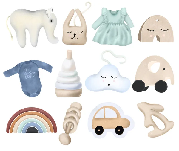 Set of wooden toys for boys and gilrs, isolated elements on a white background — Stock Image Set Wooden Toys Boys Gilrs Isolated Elements White Background Stock Image
