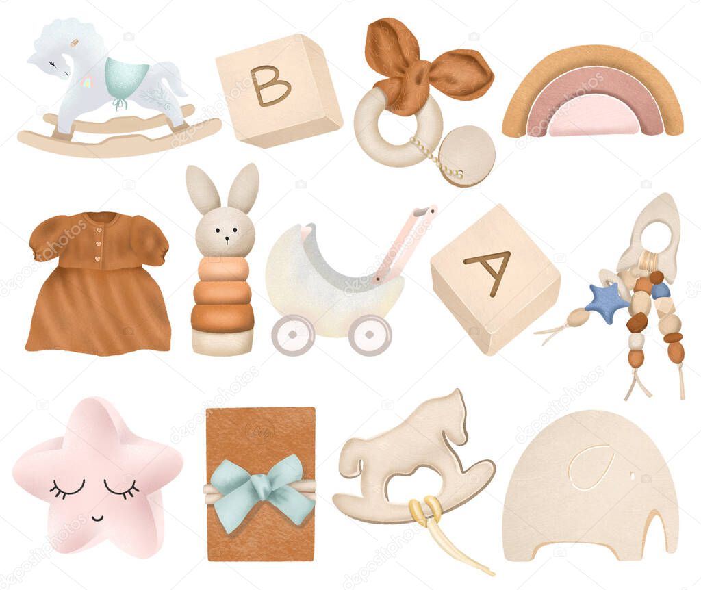 Set of wooden toys for girls, isolated elements on a white background