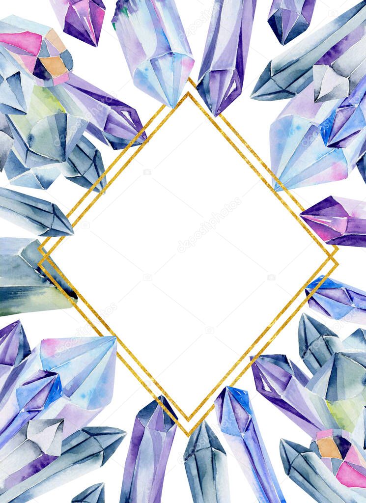 Diamond frame of watercolor gemstones and crystals in blue colors on a white background, for invitation or greeting card design