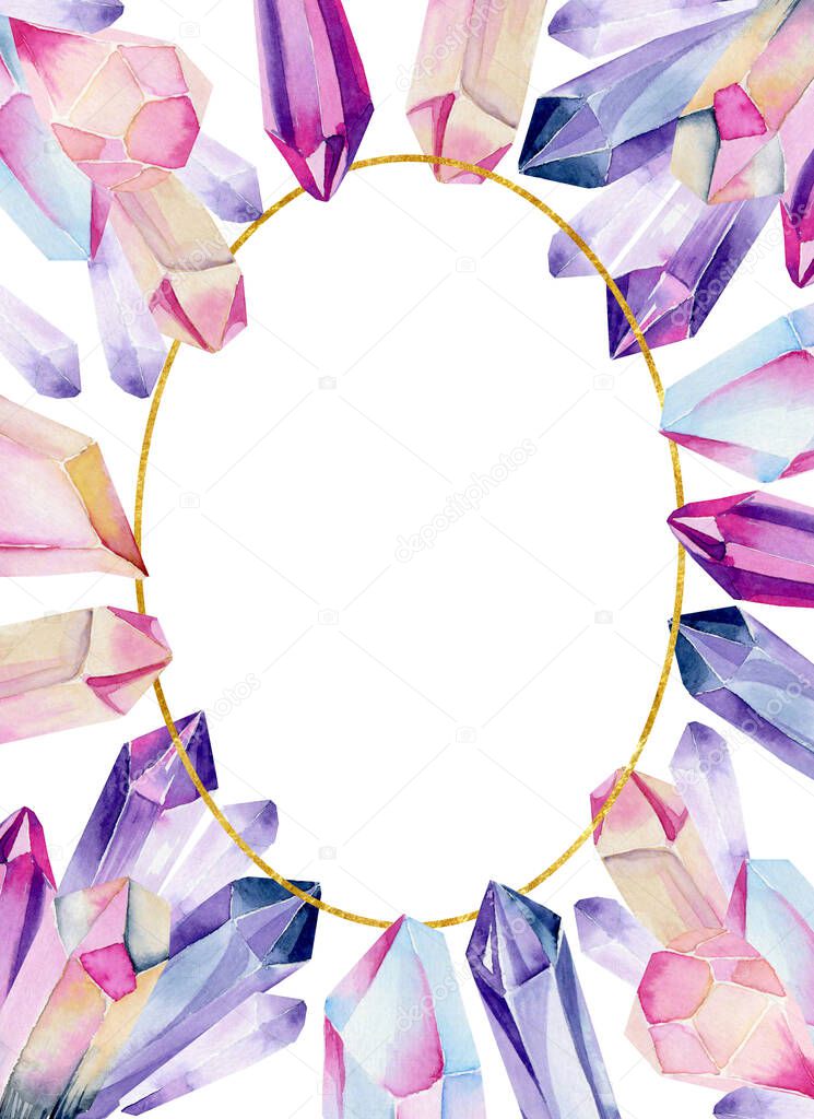 Oval frame of watercolor gemstones and crystals in pink and purlpe colors on a white background, for invitation or greeting card design