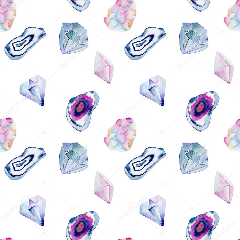 Seamless pattern of watercolor gemstones, agate and crystals, hand painted illustration on a white background