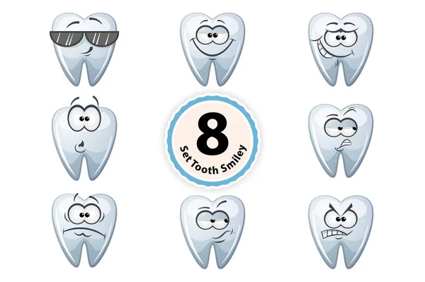 Cartoon tand smiley tevredenheid, zelfvertrouwen, surpride, grijns, oh, suspiction, glazen, woede. — Stockvector