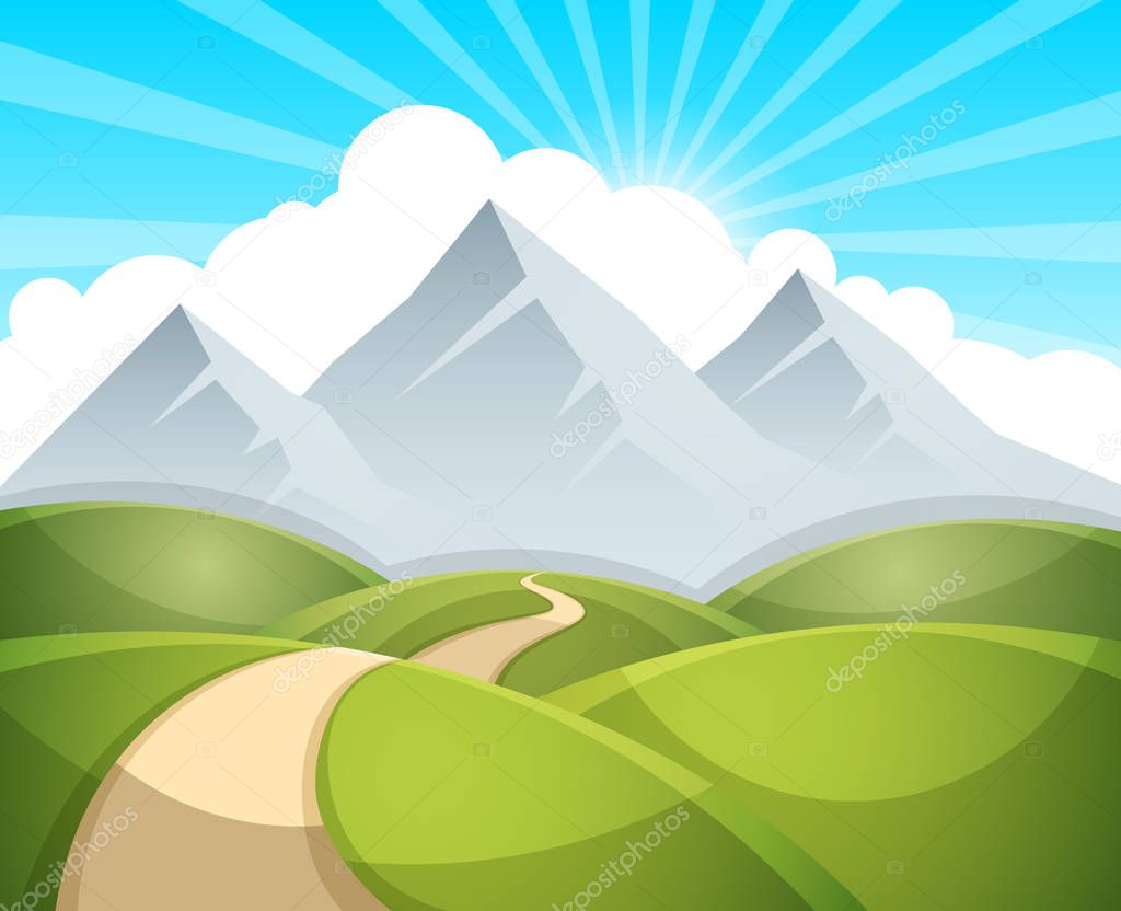 Cartoon landscape illustration. Sun. cloud, mountain