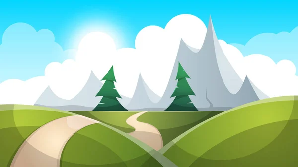 Ilustración de paisaje de dibujos animados. Sol. camino, colina nubosa — Vector de stock