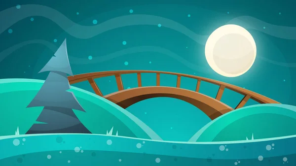 Paisagem de desenhos animados. Lua, ponte, abeto, céu ilustração — Vetor de Stock