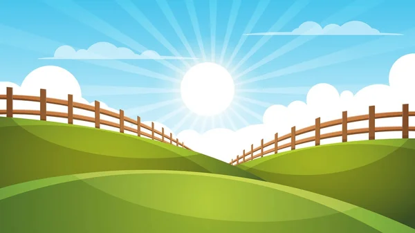 Hek, cartoon landschap. Zon, wolk, sky illustratie. — Stockvector