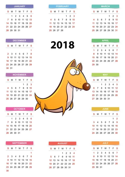 पिवळा कुत्रा कॅलेंडर 2018 वर्ष . — स्टॉक व्हेक्टर