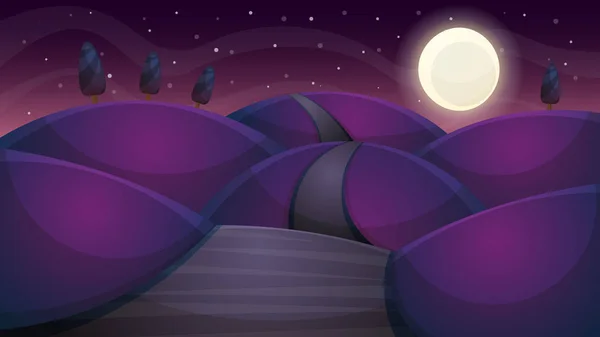Utazás éjszaka rajzfilm táj. Fenyő, üstökös, csillag, Hold út beteg — Stock Vector