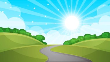 Çit, karikatür manzara. Güneş, yol, bulut, gökyüzü illüstrasyon. V