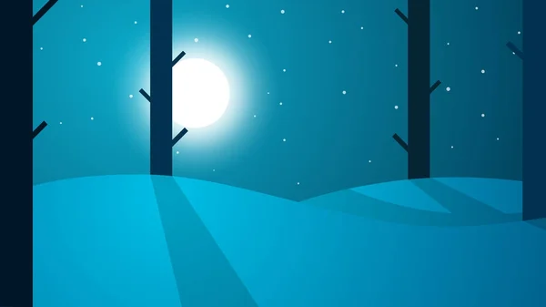 밤 만화 풍경 여행. 나무, 산, 별, 달도 — 스톡 벡터