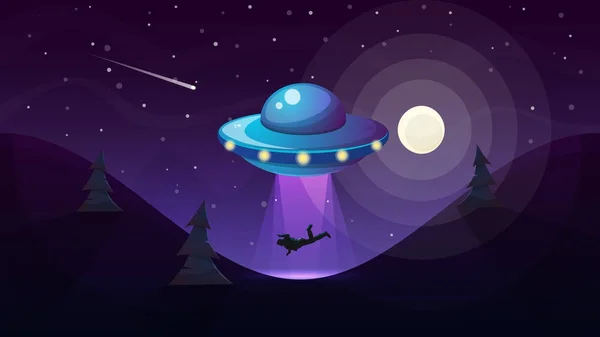 UFO kidnaps a person - cartoon illustration. — Stock Vector