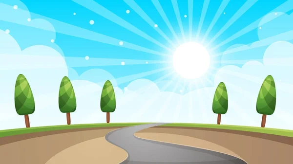 Cartoon landschap, weg, zon boom. — Stockvector