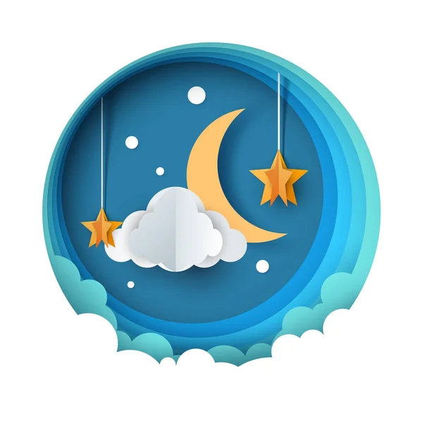 Cartoon paper night landscape. Moon, star, cloud road — Stock Vector