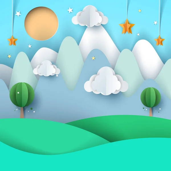 Paisagem de papel de desenho animado. Montanha, nuvem, estrela, árvore, sol . — Vetor de Stock