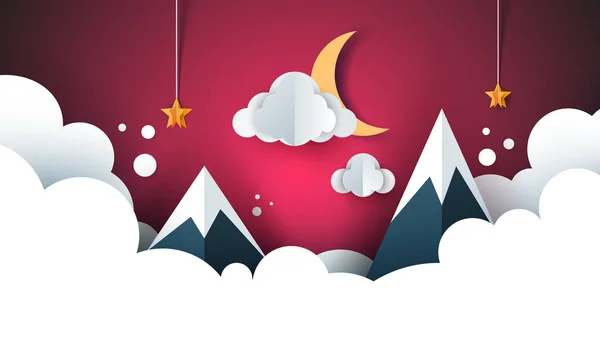 Paisagem de papel de desenho animado. Montanha, nuvem, lua, estrela . —  Vetores de Stock