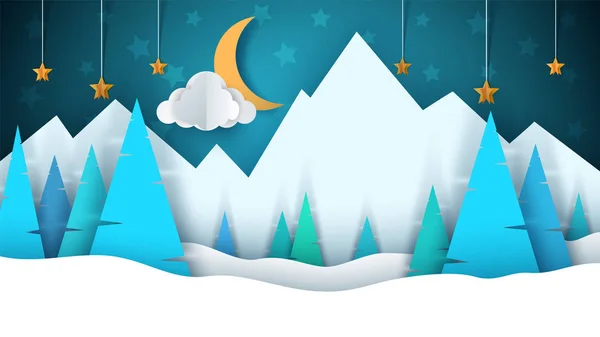 Paisaje de papel de dibujos animados de invierno. Feliz Navidad, feliz año nuevo. Abeto, luna, nube, estrella, montaña, nieve . — Vector de stock