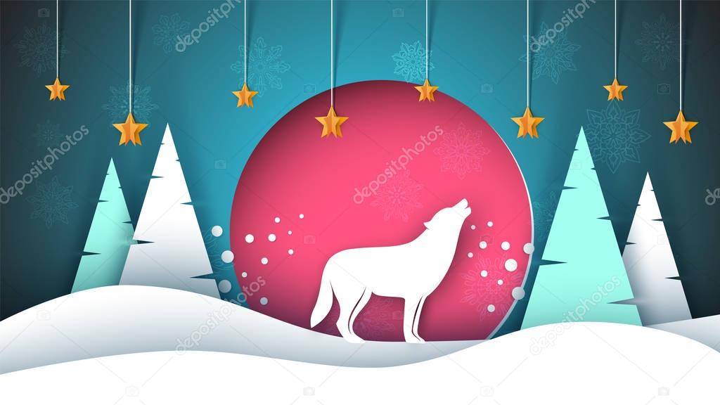 Lone wolf howls to the moon. Merry christmas, happy new year. Winter paper illustration.