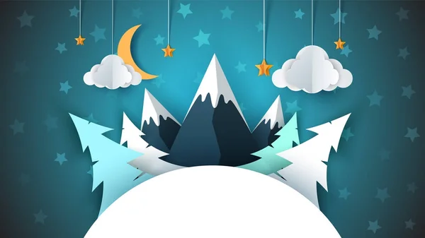 Paisagem de papel de desenho animado inverno. Feliz Natal, feliz ano novo. Fir, lua, nuvem, estrela, montanha, neve . —  Vetores de Stock