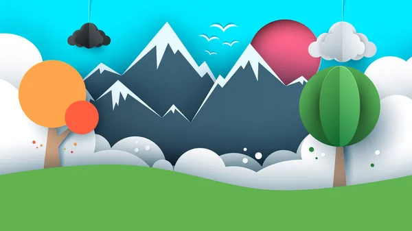 Ilustración de viaje de papel sol, nube, colina, montaña, pájaro . — Vector de stock