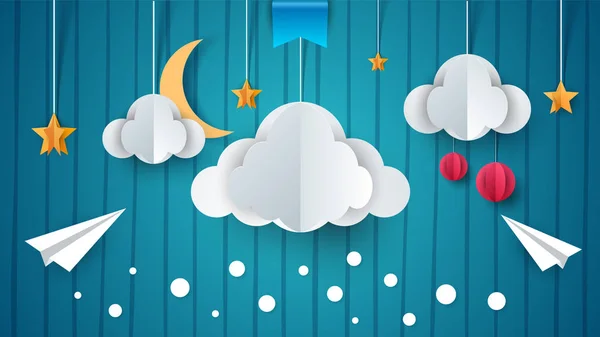 Ilustración en papel. Avión, nube, luna, estrella . — Vector de stock