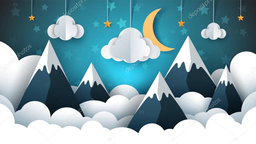 Mountain landscape paper illustration. Cloud, star, moon, sky.