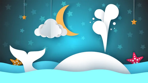 Velryba, moře, hvězda, obloha, měsíc - kreslený obrázek papíru. — Stockový vektor
