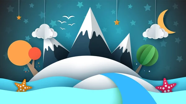 Cartoog isla de papel. Estrella, montaña, nube, luna, mar, estrella, árbol . — Vector de stock