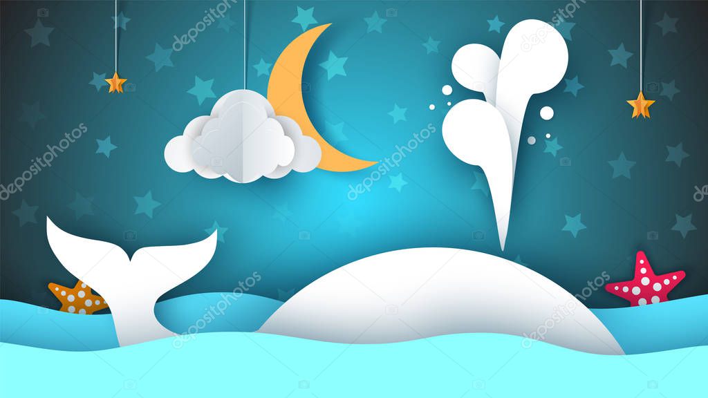 Whale, sea, star, sky, moon - paper cartoon illustration.