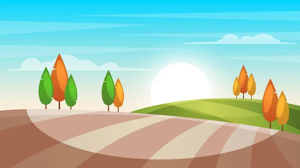Мультяшна пейзажна ілюстрація. Дерево, сонце, поле . — стоковий вектор