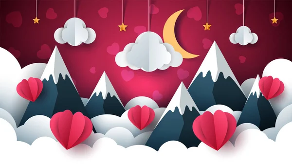 Valentine s Day illustration. Air balloon, cloud, star, mountain — Stock Vector