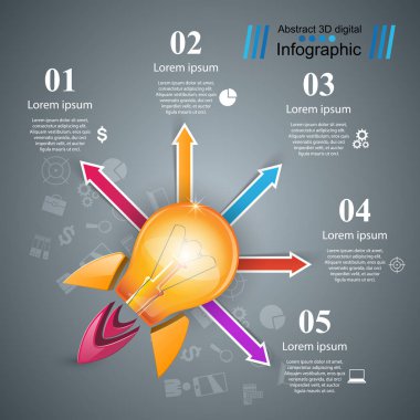 Infographic tasarım. Ampul, ışık, roket simgesi.