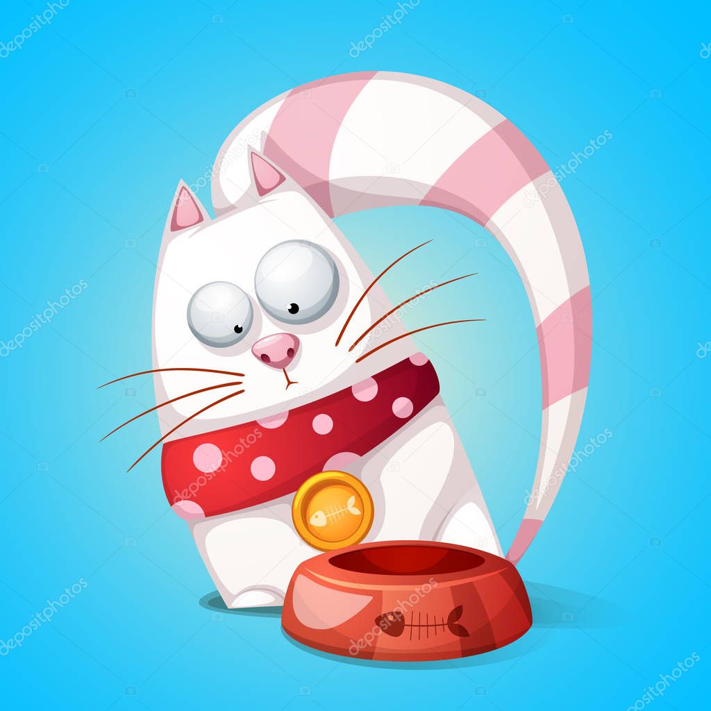 Funny, cute cartoon character cats. Animal eats from bowl.