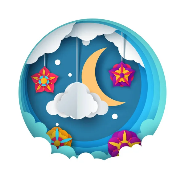 Paisaje nocturno de papel de dibujos animados. Luna, estrella, nube, flor . — Vector de stock