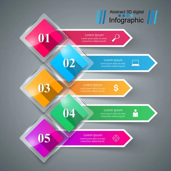 Streszczenie szkło 3d cyfrowy ilustracja infografikę. Pięć elementów. — Wektor stockowy