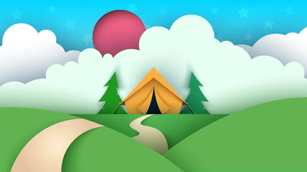 Paisaje de papel de dibujos animados. Tienda, Árbol de Navidad, nube, cielo, ilustración de estrellas . — Vector de stock